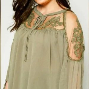 NWT Hayden Los Angeles Woman Med Lg Sheer Peasant Top The Jayna Top, Olive Color